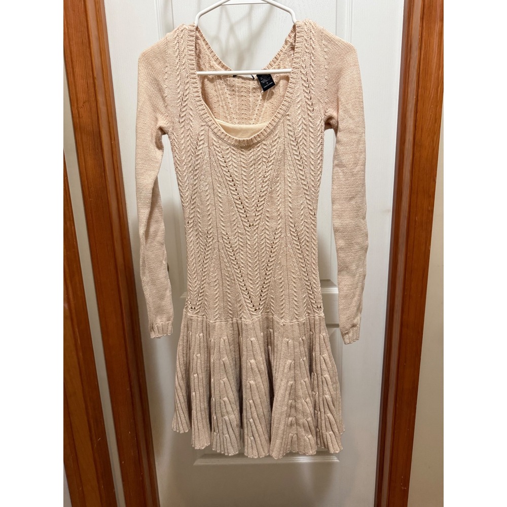 Moda International Cream Chevron Cable Knit Long Sleeve Sweater Dress Small